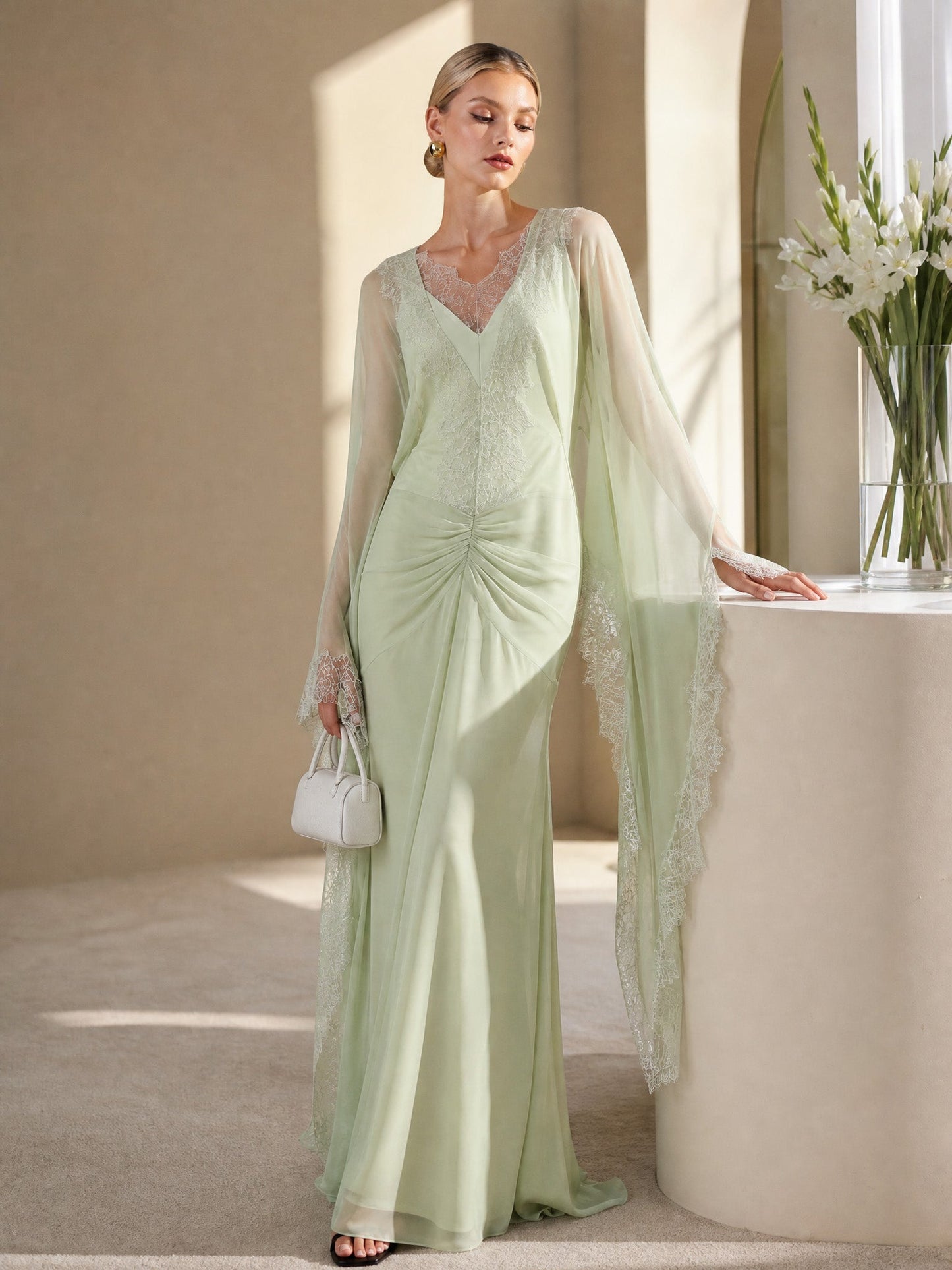 Elegant Lace-Trim Cape Sleeve Ruched Maxi Dress