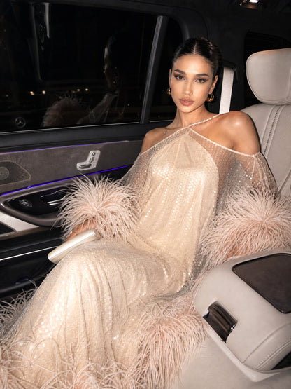 Luxury Sequined Feather Trim Cape Sleeve Maxi Dress
