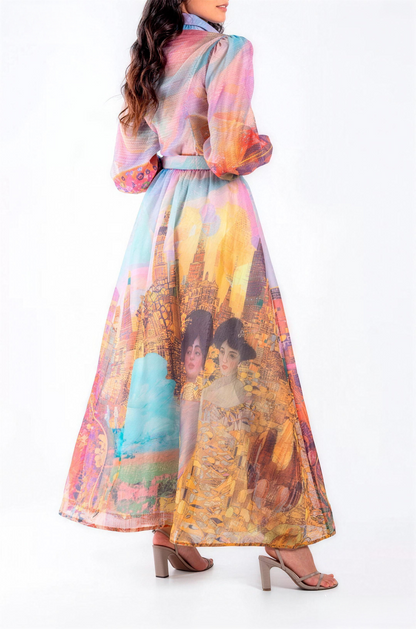 Elegan Print Chiffon Maxi Skirt Two-Piece Set