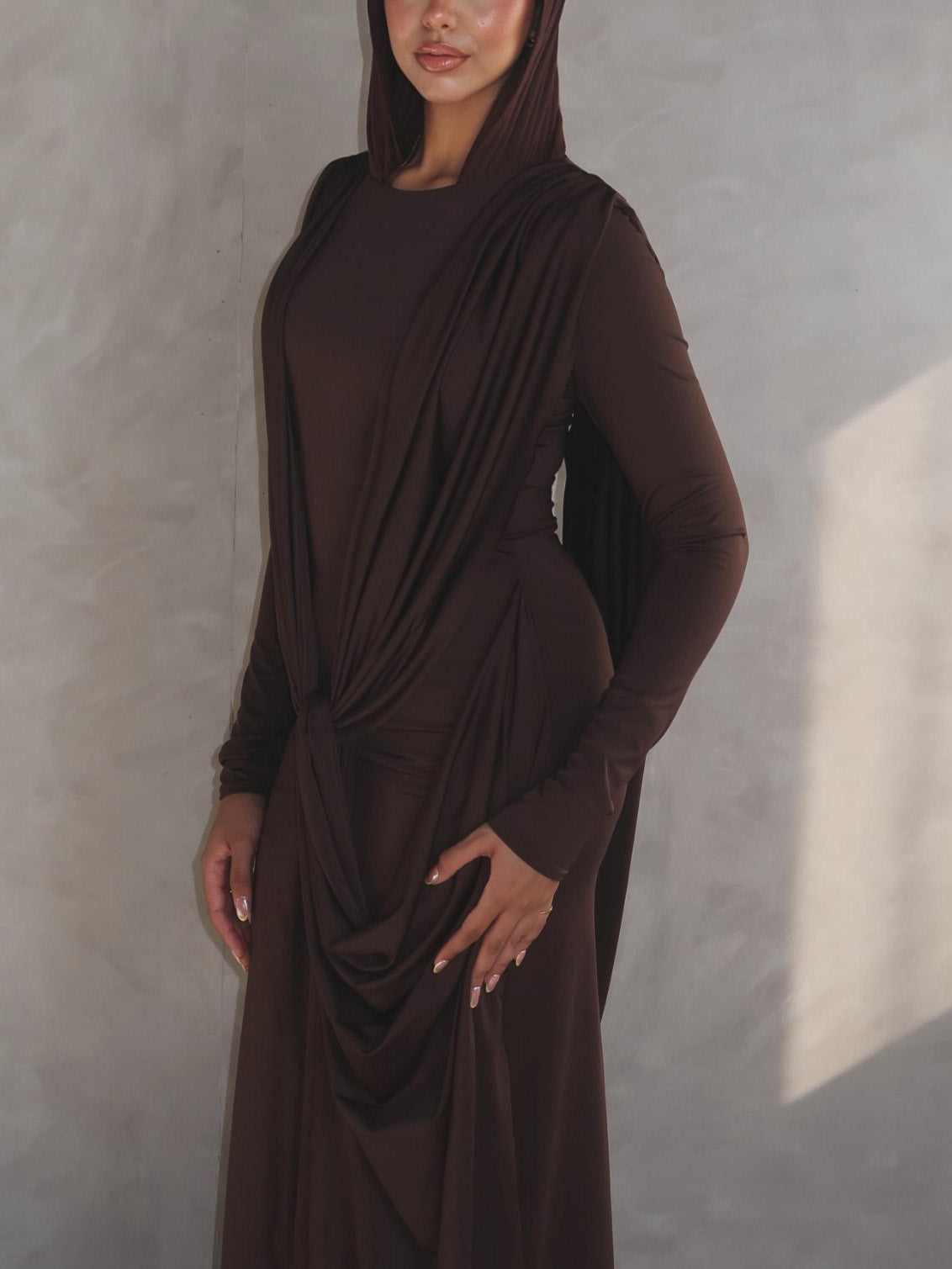 Elegant Draped Long Sleeve Maxi Dress