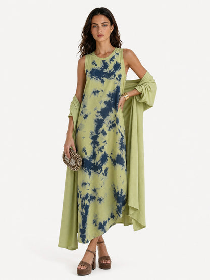 Retro Tie Dye Satin Sleeveless Maxi Dress Two Piece Set