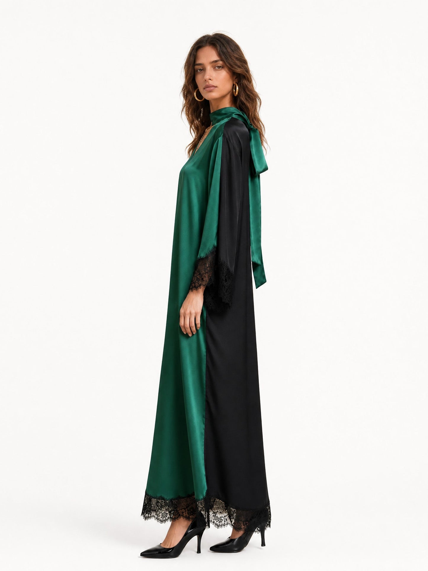 Elegant Color-Block Reversible Satin Lace-Trim Maxi Dress