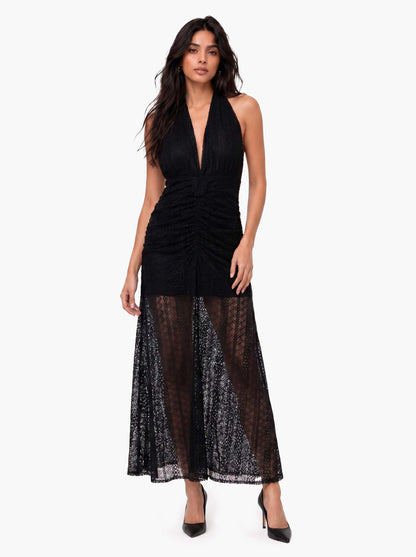Elegant Deep V-Neck Cutout Lace Maxi Dress