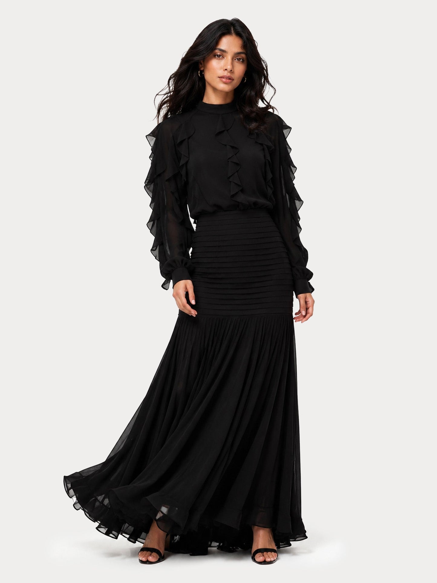 Elegant Ruffle Top & Ruched Mermaid Maxi Skirt Two-Piece Set