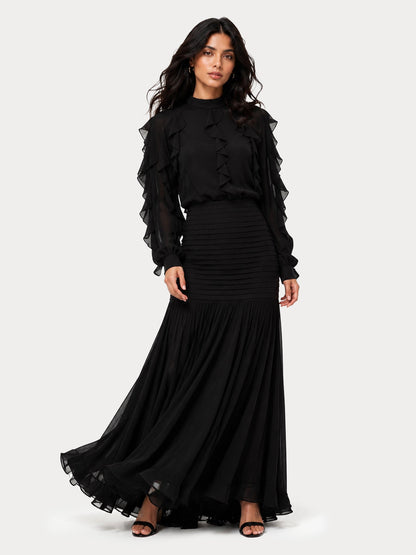 Elegant Ruffle Top & Ruched Mermaid Maxi Skirt Two-Piece Set