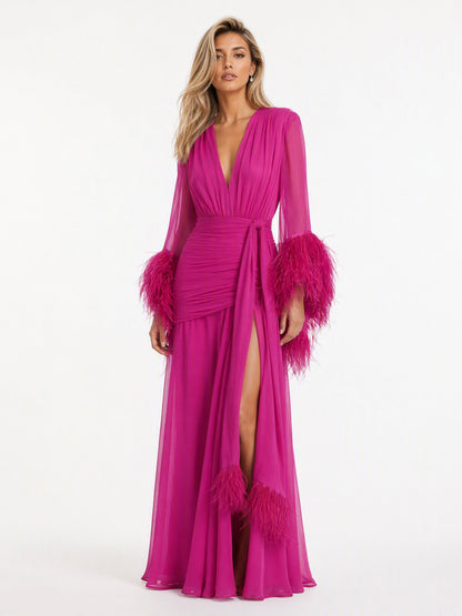 Elegant V-Neck Feather Cuff Flowing Chiffon Maxi Dress