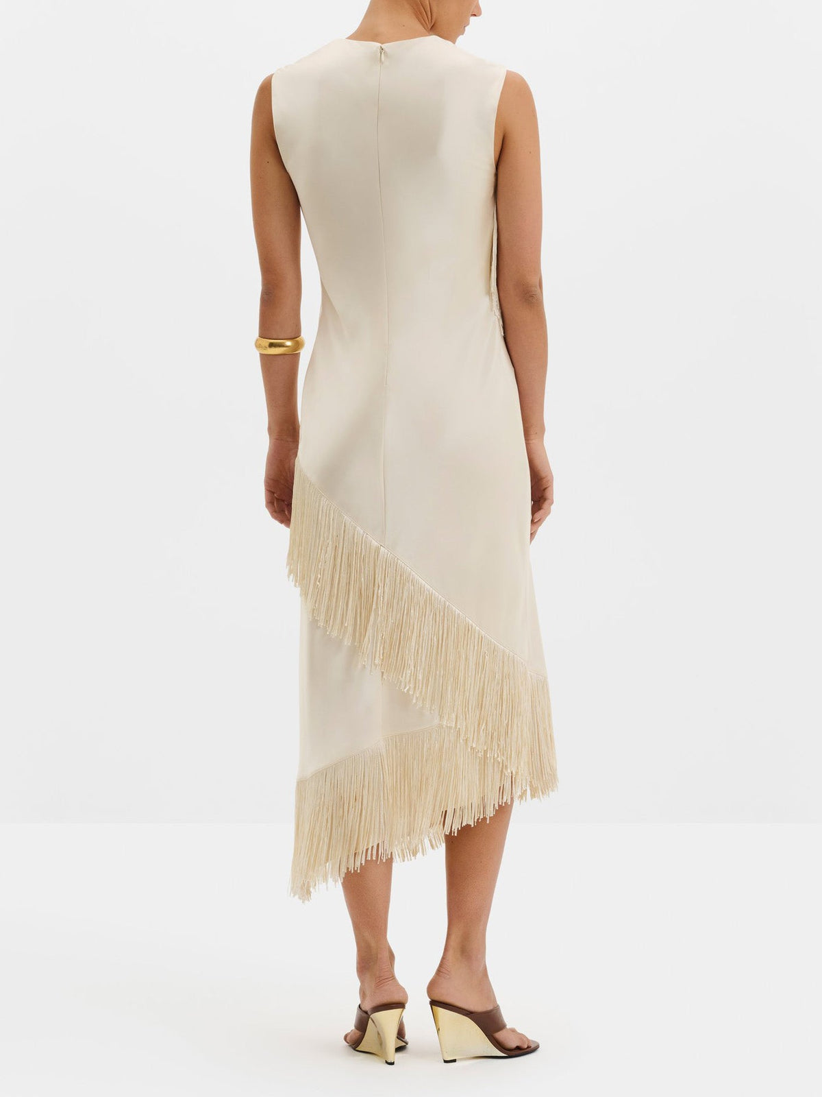 Elegant Beige Satin Fringe Sleeveless Midi Dress
