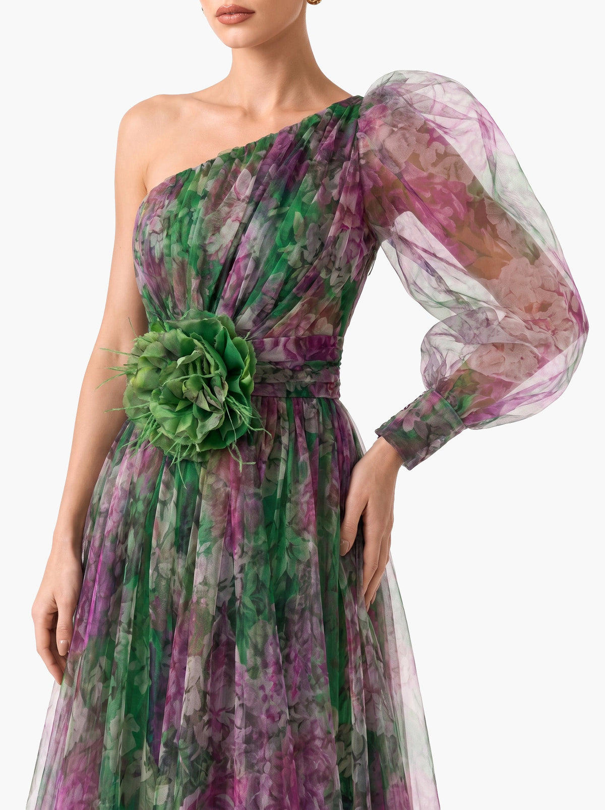 Elegant Floral Print Ruched One-Shoulder Sheer Maxi Dress