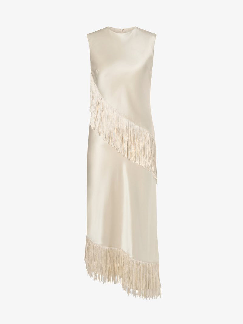 Elegant Beige Satin Fringe Sleeveless Midi Dress