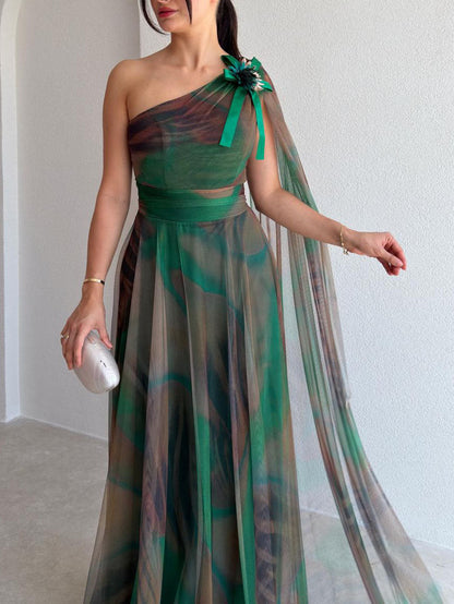 Elegant One-Shoulder Printed Tulle Cape Maxi Dress