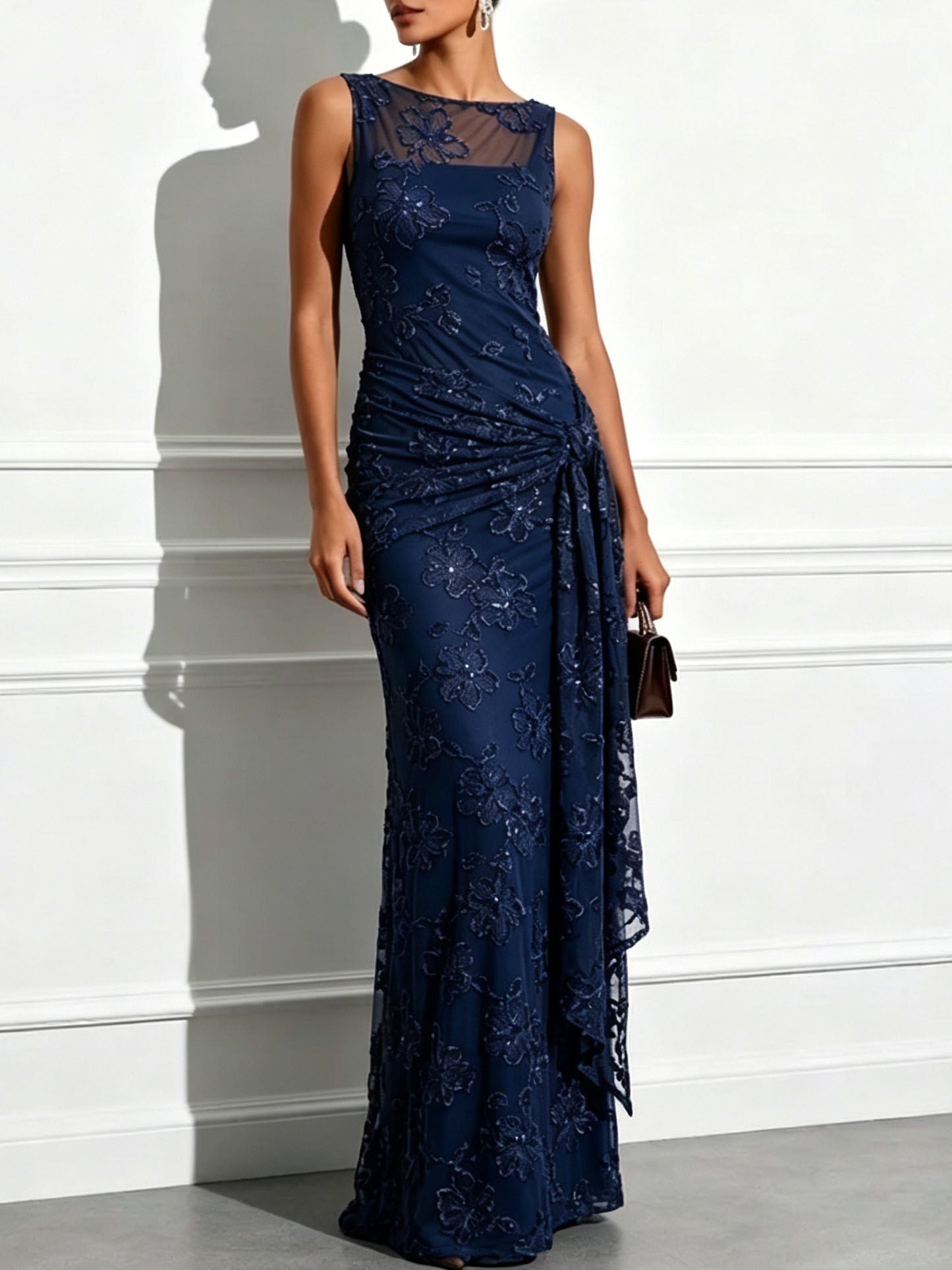 Elegant Floral Embroidered Mesh Ruched Maxi Dress