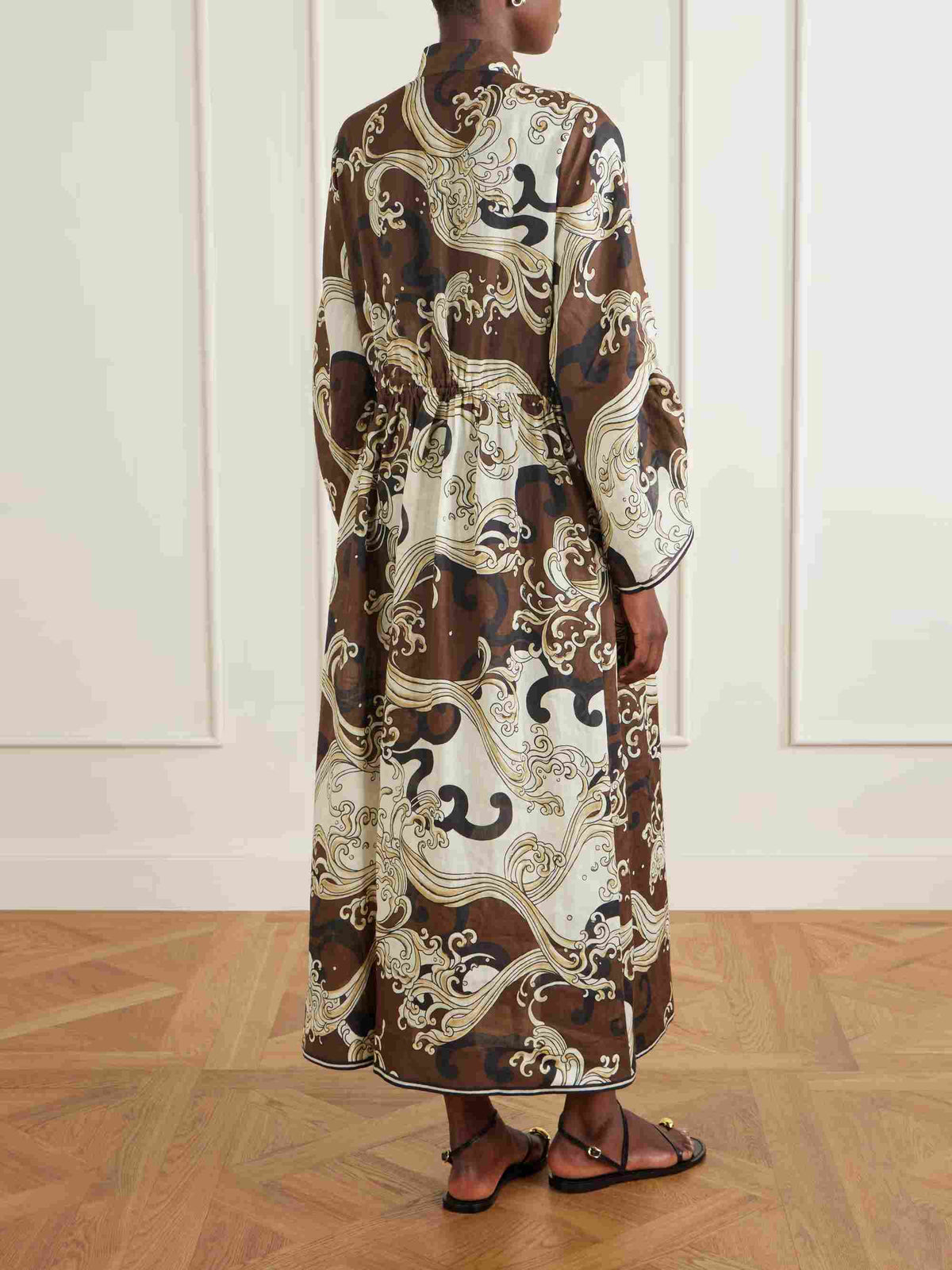 Retro Abstract Print Drawstring Long Sleeve Maxi Dress