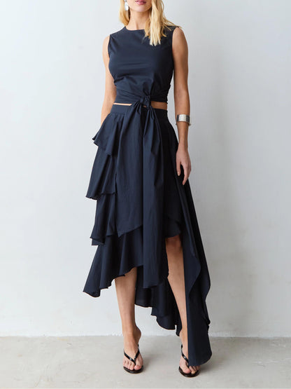 Elegant Crop Top & Tiered Asymmetrical Skirt Two-Piece Set