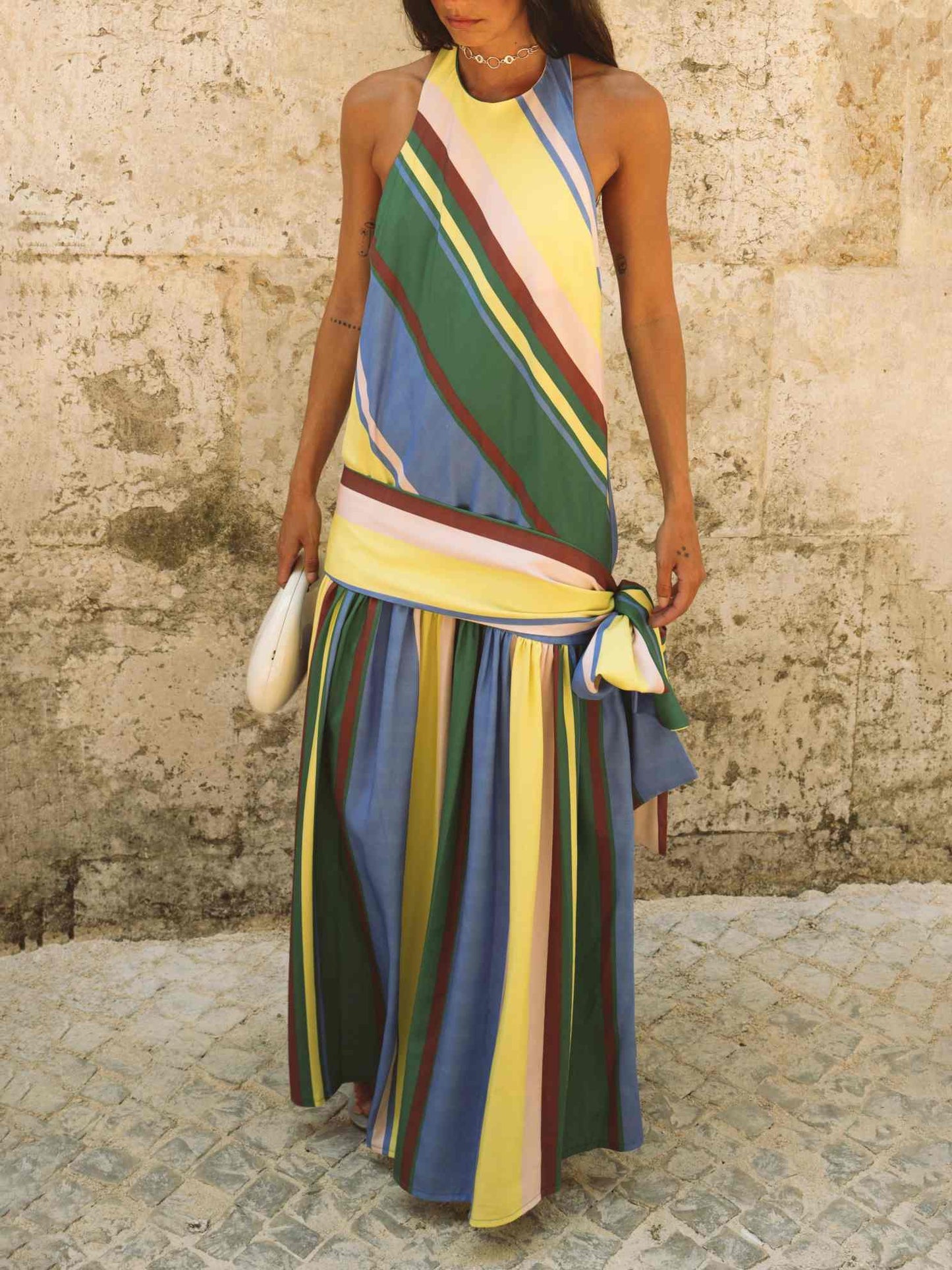 Colorful Stripe Halter Maxi Dress
