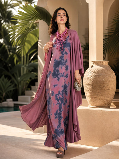 Retro Tie Dye Satin Sleeveless Maxi Dress Two Piece Set