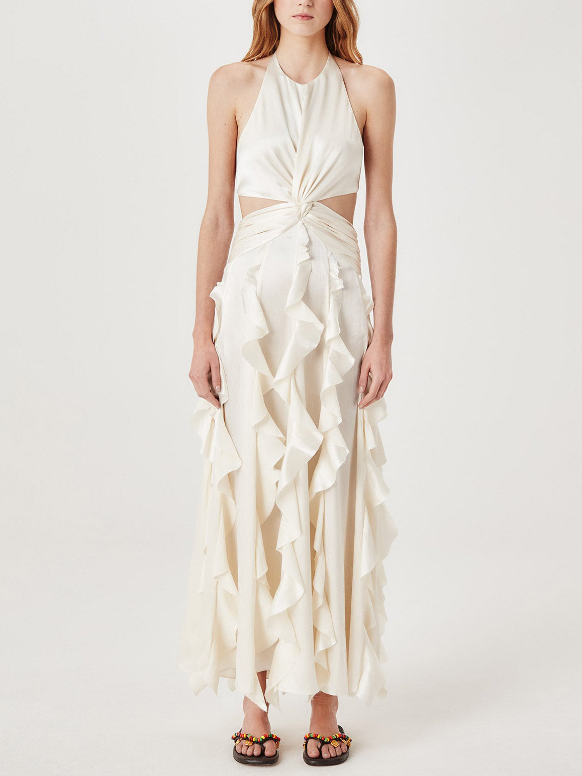 Elegant Halter Neck Ruffled Cutout Maxi Dress