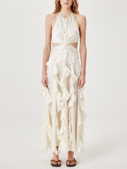 Elegant Halter Neck Ruffled Cutout Maxi Dress