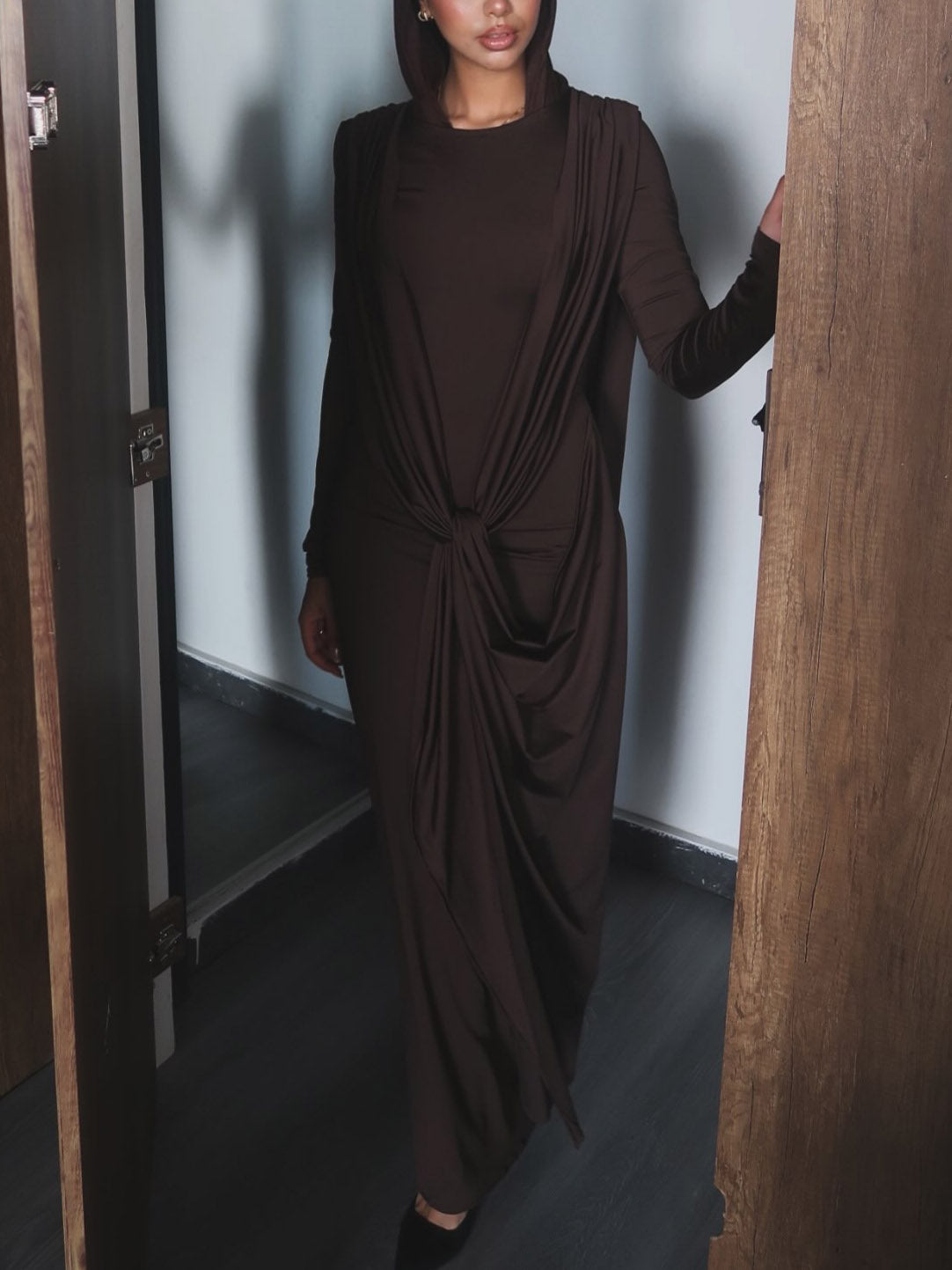 Elegant Draped Long Sleeve Maxi Dress