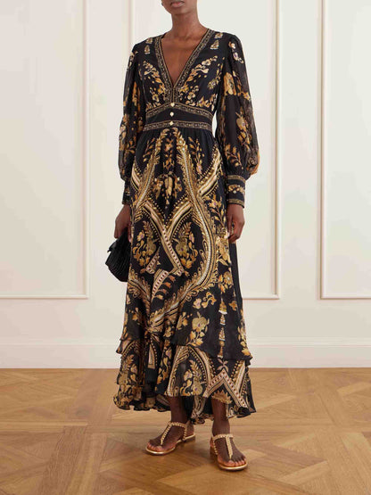 Retro Gold Print Puff Sleeve Ruffle Maxi Dress
