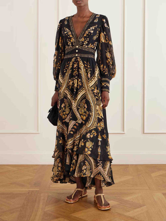 Retro Gold Print Puff Sleeve Ruffle Maxi Dress