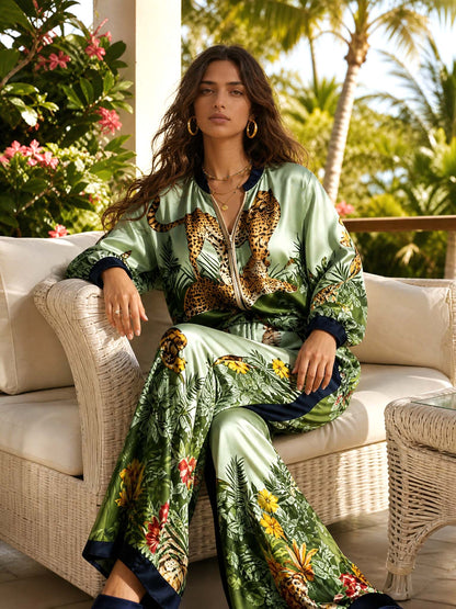 Exotic Jungle Print Zip-Up Long Sleeve Shirt