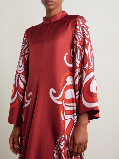 Unique Abstract Peacock Floral Print Flare Sleeve Maxi Dress
