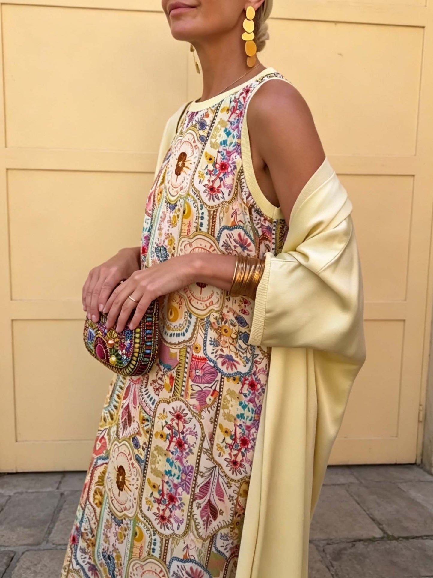 Retro Tile Print Sleeveless Maxi Dress Two Piece Set