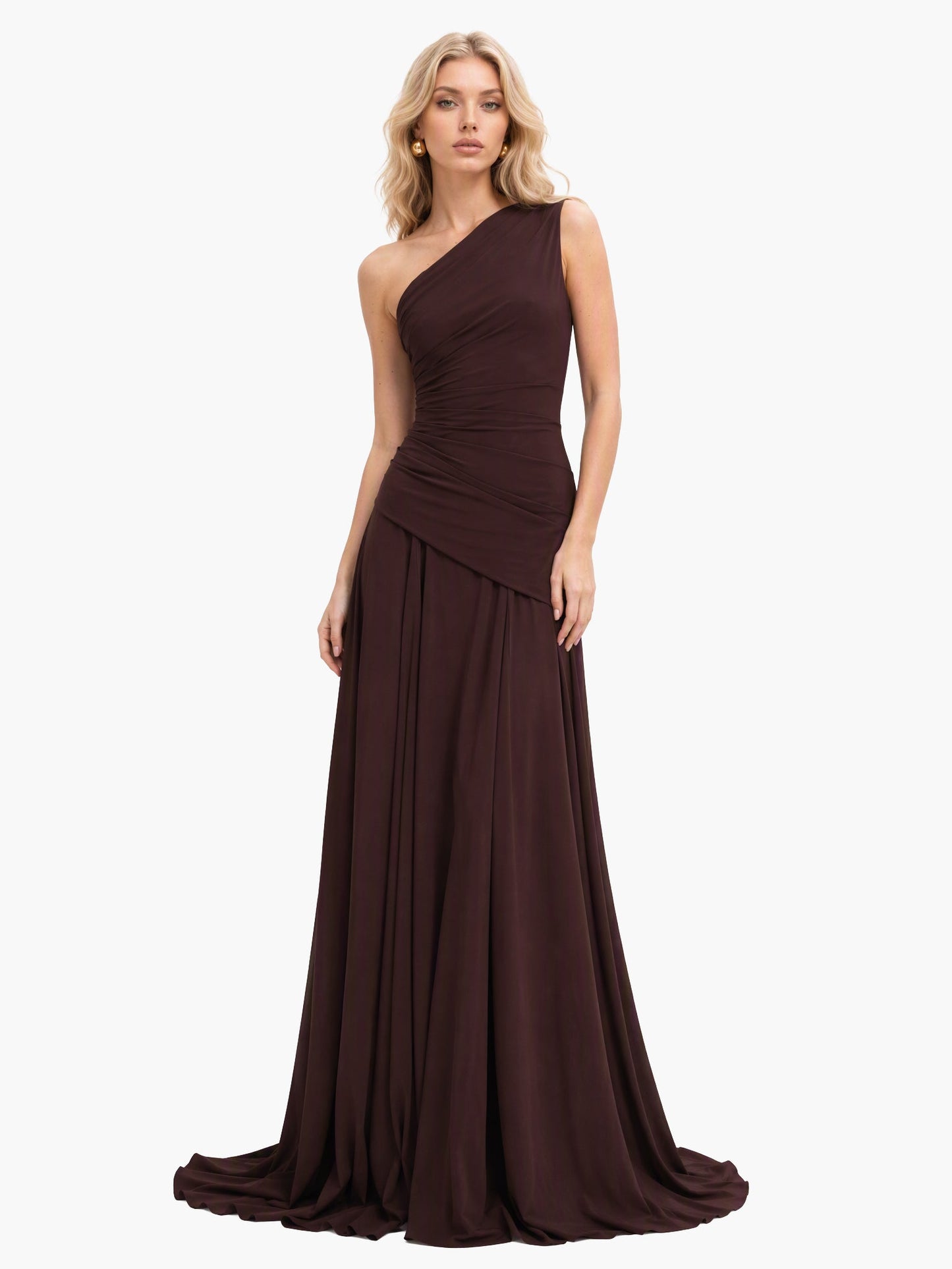 Elegant One-Shoulder Ruched Chiffon Tie-Waist Maxi Dress