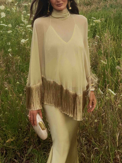 Elegant Fringe Shawl Top & Satin Maxi Skirt Three-Piece Set
