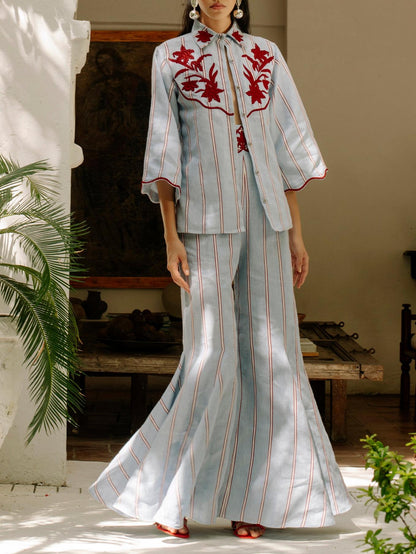 Embroidered Stripe Shirt & Flared Pants Two-Piece Set