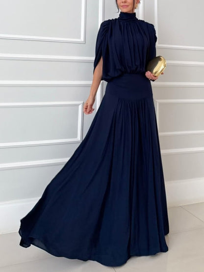 Elegant High Neck Pleated Cape Sleeve Maxi Dress
