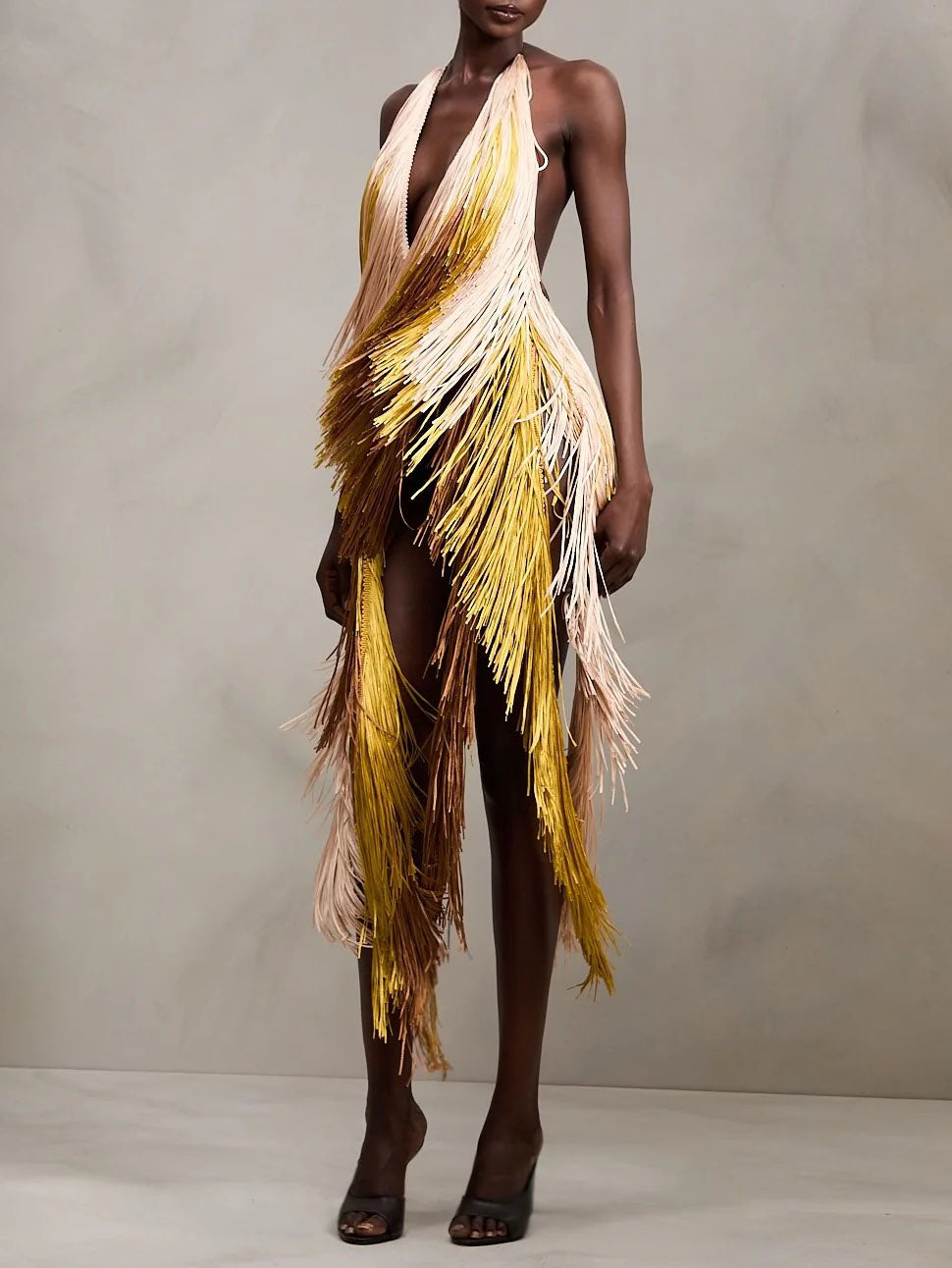 Elegant Gradient Tassel Halter Neck Deep-V Mini Dress