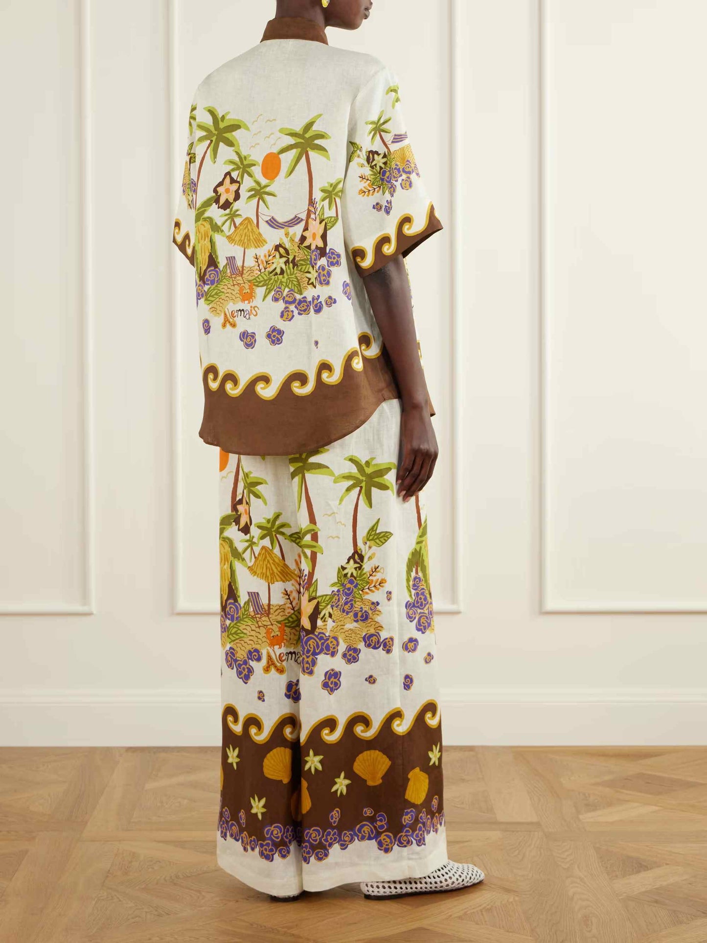 Retro Tropical Print Shirt & Wide-Leg Pants Two-Piece Set
