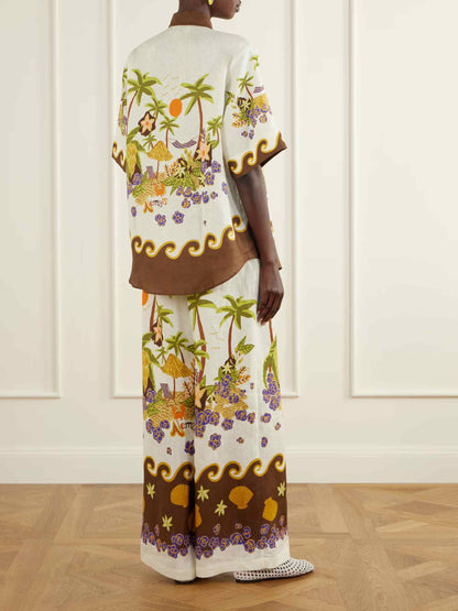 Retro Tropical Print Shirt & Wide-Leg Pants Two-Piece Set