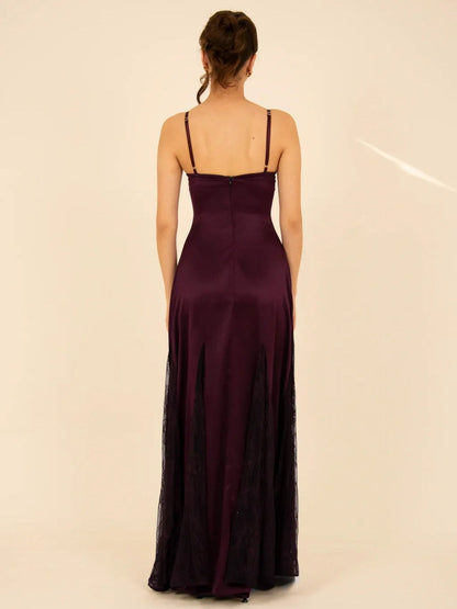 Elegant Satin Lace Patchwork Spaghetti Strap Maxi Dress