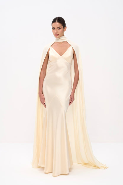 Elegant Satin Cape Sleeve Maxi Dress