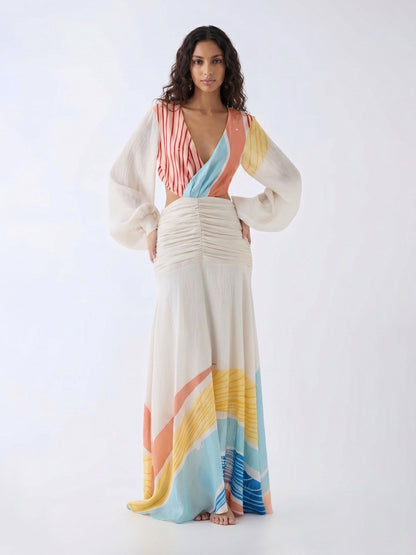 Open Back Colorblock Plunge Maxi Dress