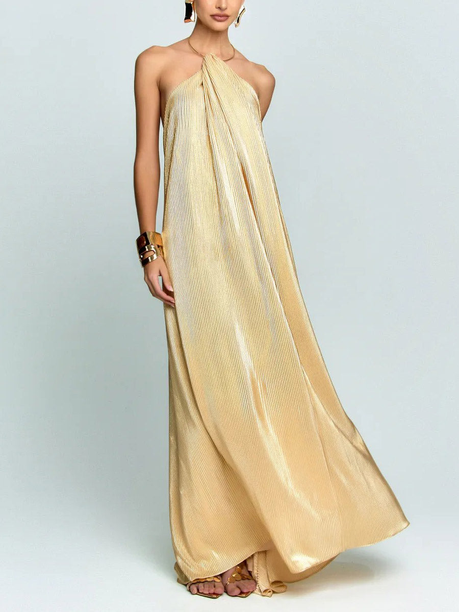 Elegant Halter Metallic Pleated Maxi Dress