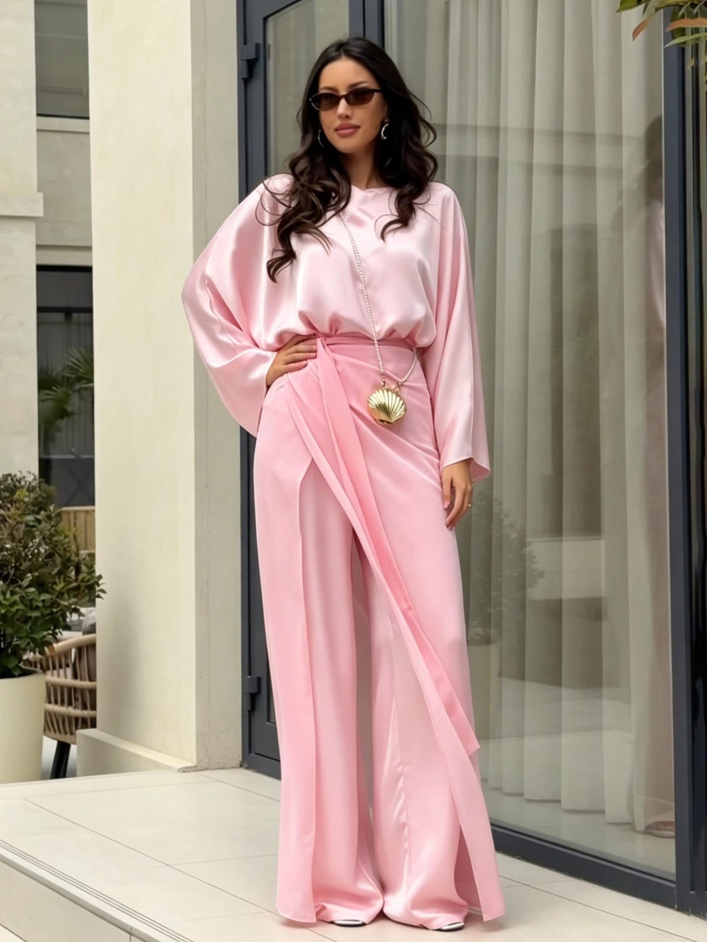 Elegant Satin Blouse & Draped Maxi Skirt Two-Piece Set