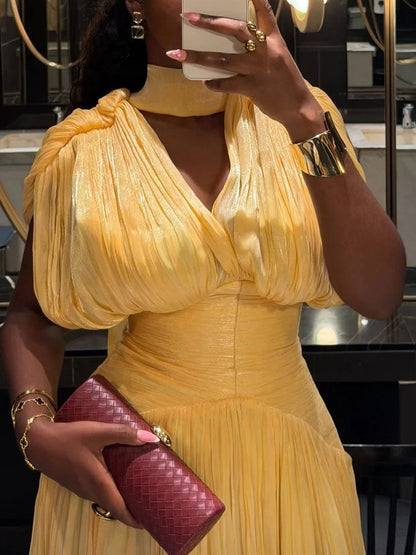 Elegant Pleated V-Neck Cape Sleeve Maxi Dress