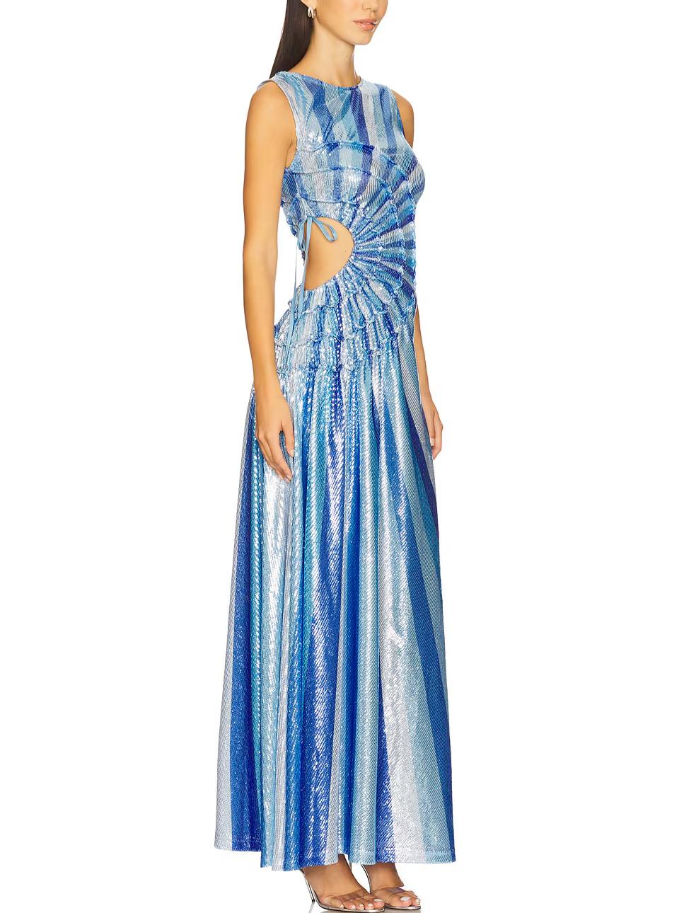Sequin Diagonal Stripe Cut-Out Waist Maxi Dress