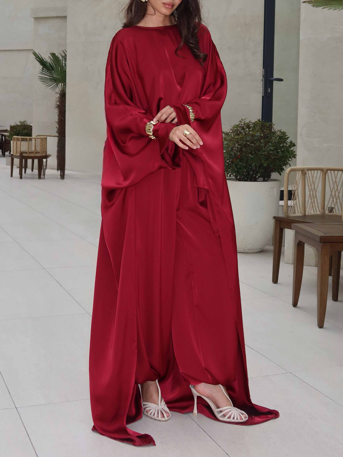 Elegant Satin Batwing Sleeve Top Two-Piece Set
