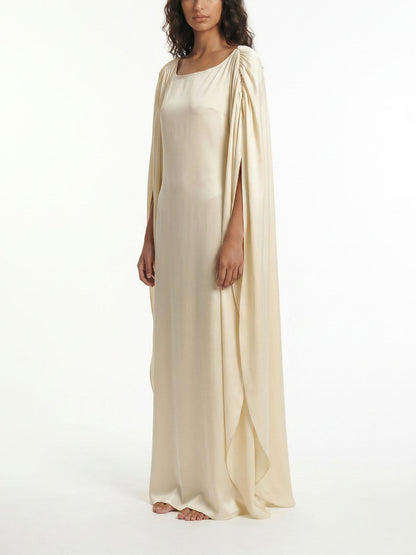 Boat Neck Cape Sleeve Satin Maxi Dress
