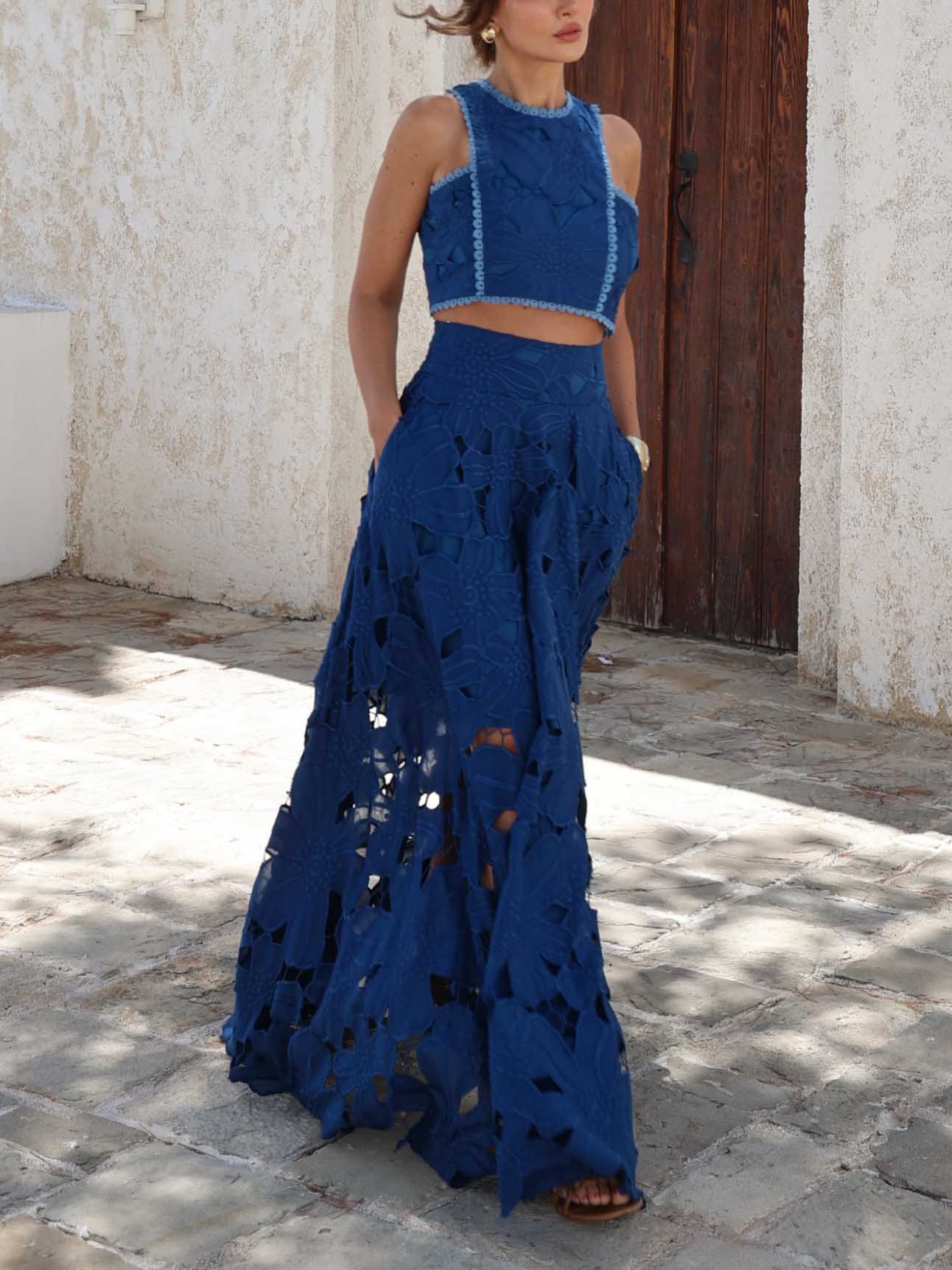 Elegant Floral Lace Cutout Crop Top & Skirt Two-Piece Set