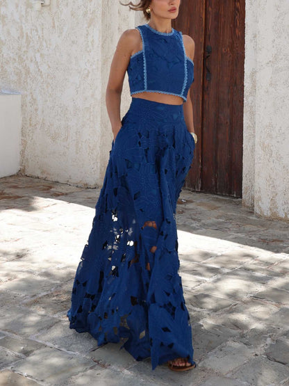 Elegant Floral Lace Cutout Crop Top & Skirt Two-Piece Set