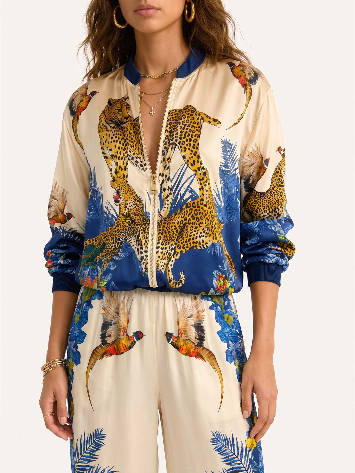 Exotic Jungle Print Zip-Up Long Sleeve Shirt