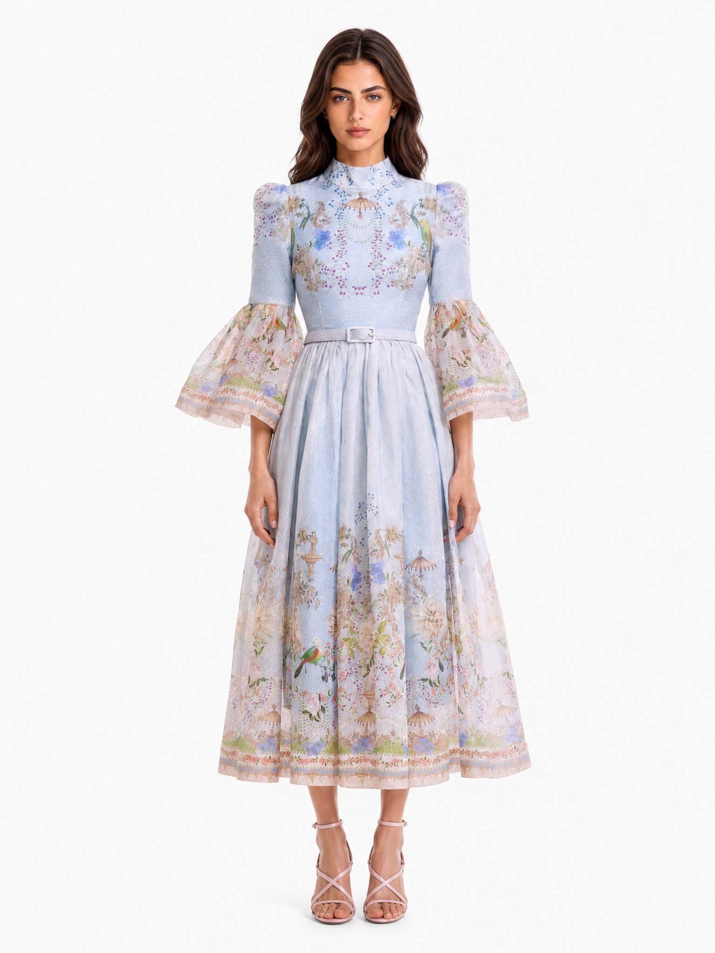 Retro Garden Print Flared Sleeve Midi Dress