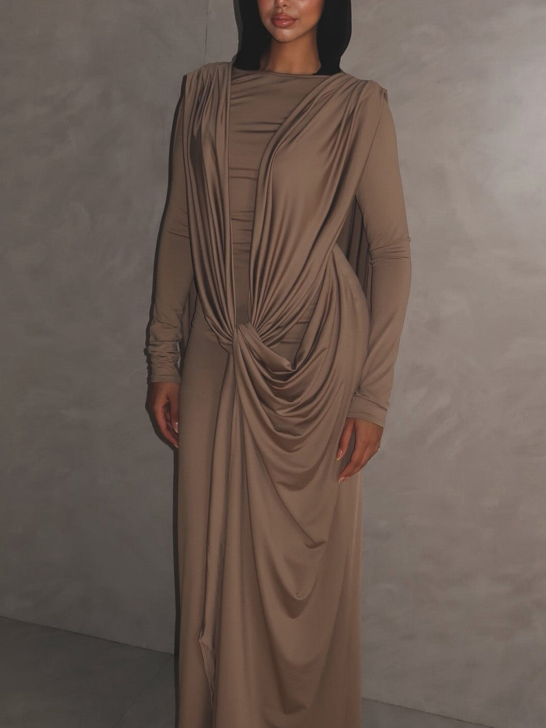 Elegant Draped Long Sleeve Maxi Dress