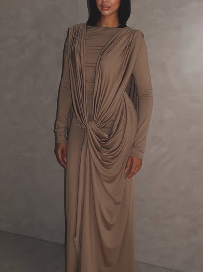 Elegant Draped Long Sleeve Maxi Dress