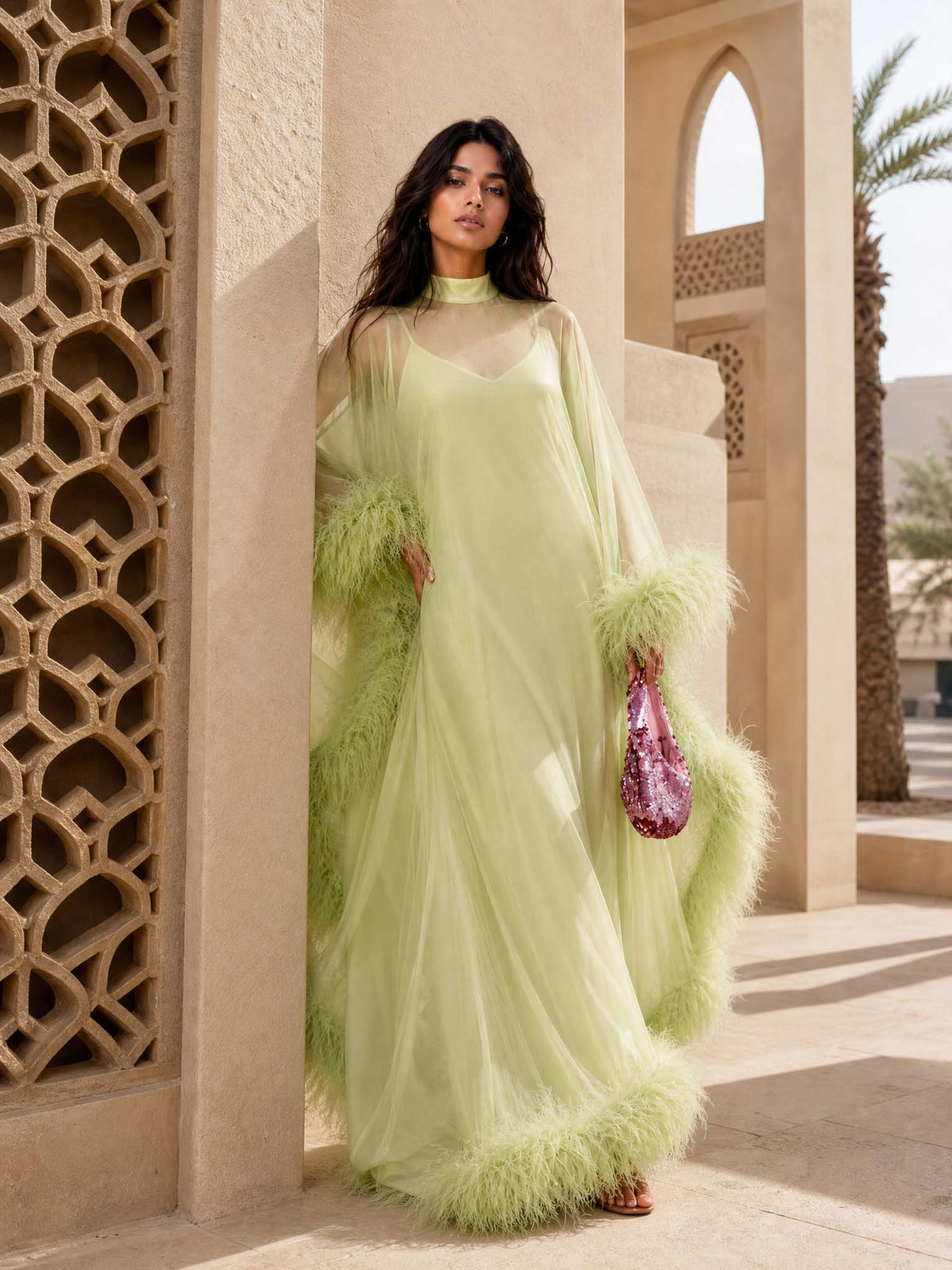 Elegant Feather Trim Sheer Chiffon Cape Maxi Dress